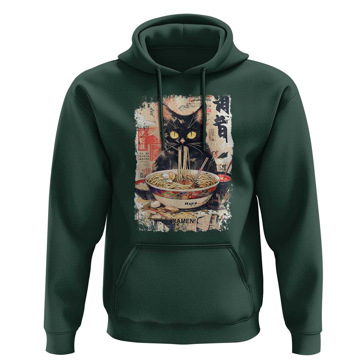 Ramen Noodles Black Cat Graphic Hoodie Kawaii Retro Japan Y2K Cats Manga Anime - Wonder Print Shop