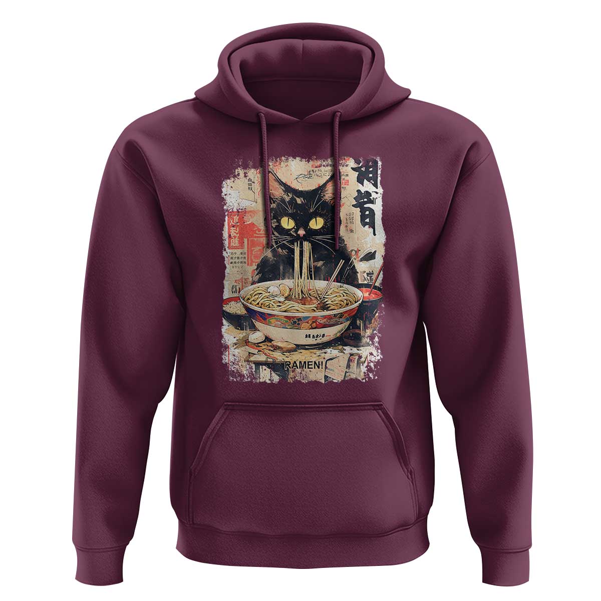 Ramen Noodles Black Cat Graphic Hoodie Kawaii Retro Japan Y2K Cats Manga Anime - Wonder Print Shop