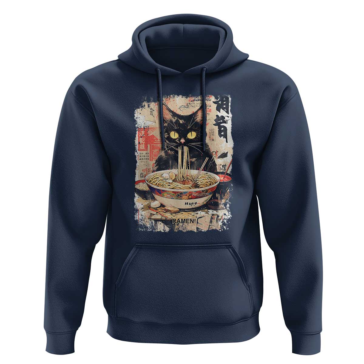 Ramen Noodles Black Cat Graphic Hoodie Kawaii Retro Japan Y2K Cats Manga Anime - Wonder Print Shop
