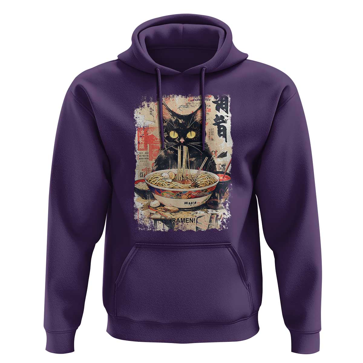 Ramen Noodles Black Cat Graphic Hoodie Kawaii Retro Japan Y2K Cats Manga Anime - Wonder Print Shop