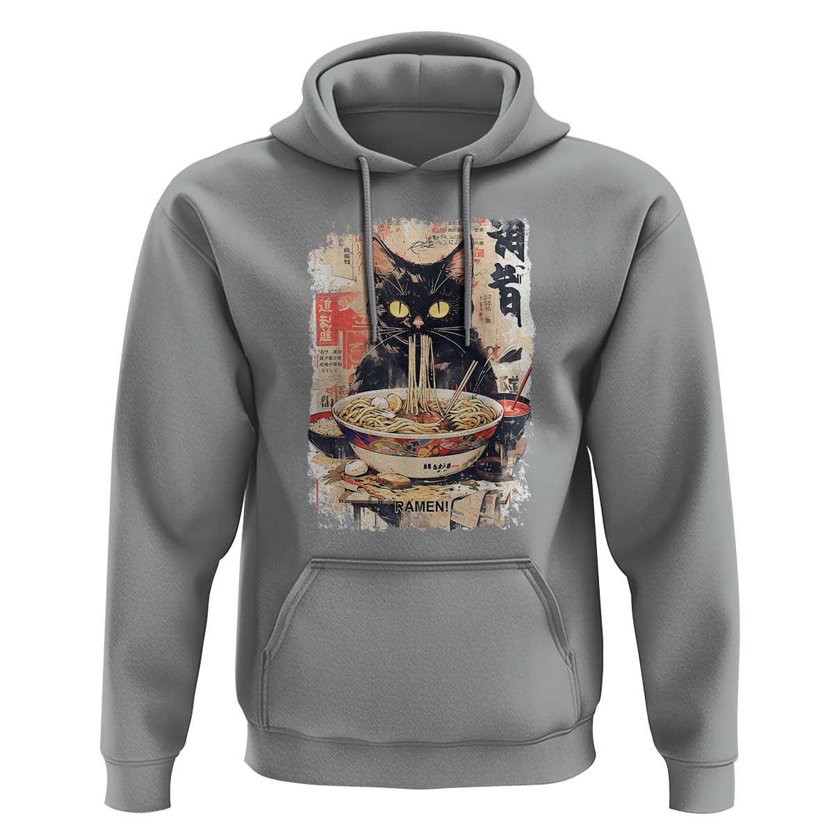 Ramen Noodles Black Cat Graphic Hoodie Kawaii Retro Japan Y2K Cats Manga Anime - Wonder Print Shop