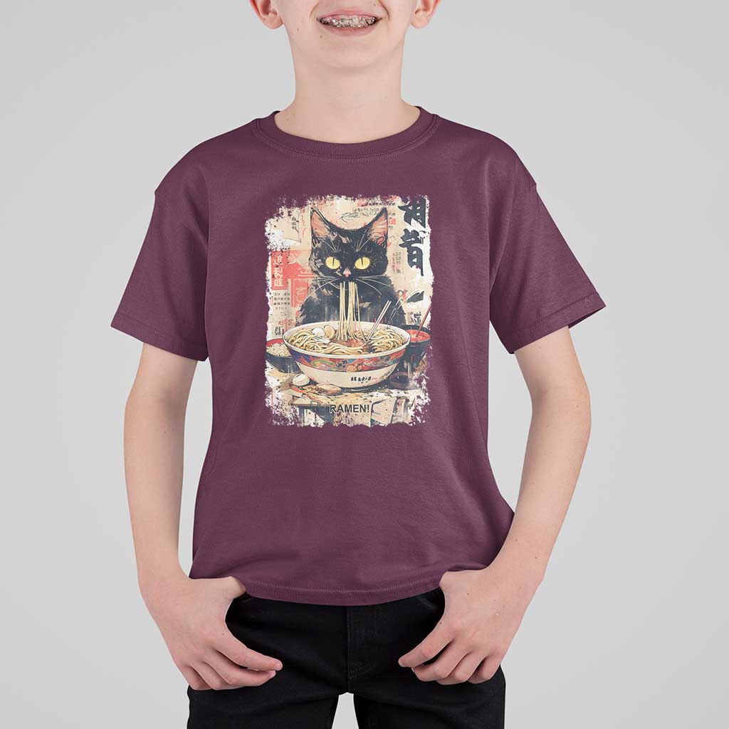 Ramen Noodles Black Cat Graphic T Shirt For Kid Kawaii Retro Japan Y2K Cats Manga Anime - Wonder Print Shop