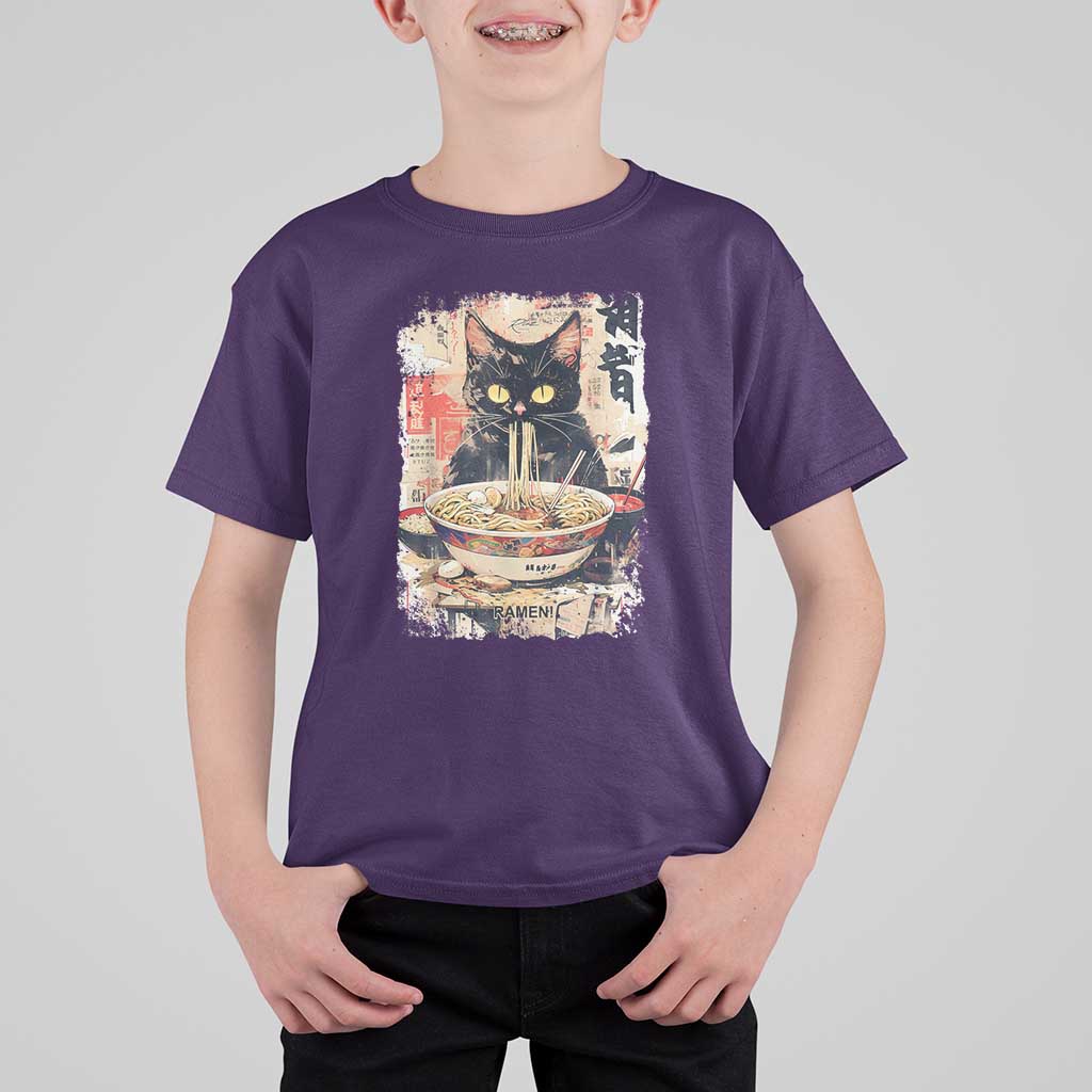 Ramen Noodles Black Cat Graphic T Shirt For Kid Kawaii Retro Japan Y2K Cats Manga Anime - Wonder Print Shop