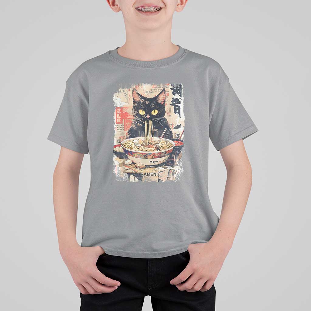 Ramen Noodles Black Cat Graphic T Shirt For Kid Kawaii Retro Japan Y2K Cats Manga Anime - Wonder Print Shop