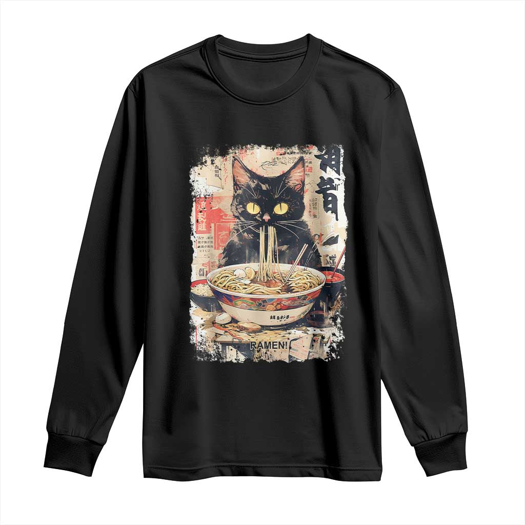 Ramen Noodles Black Cat Graphic Long Sleeve Shirt Kawaii Retro Japan Y2K Cats Manga Anime - Wonder Print Shop