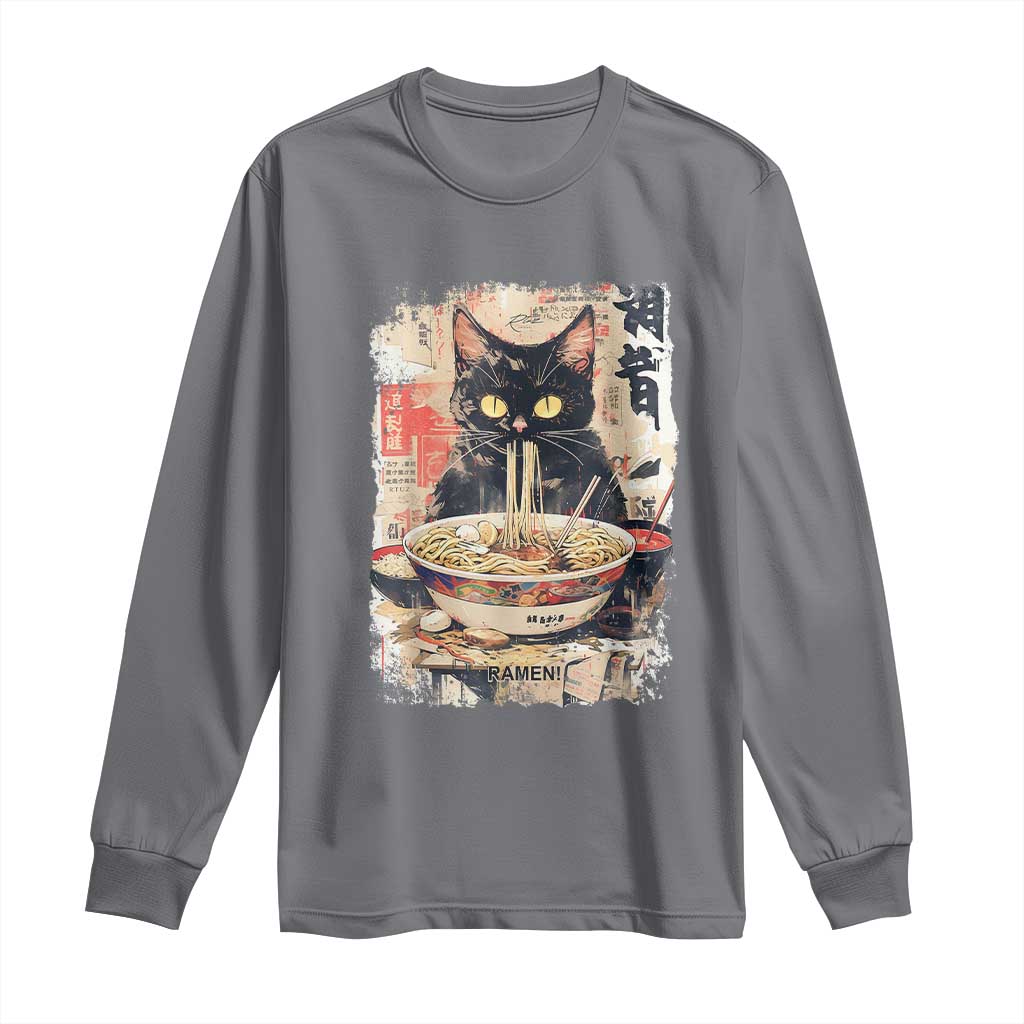 Ramen Noodles Black Cat Graphic Long Sleeve Shirt Kawaii Retro Japan Y2K Cats Manga Anime - Wonder Print Shop