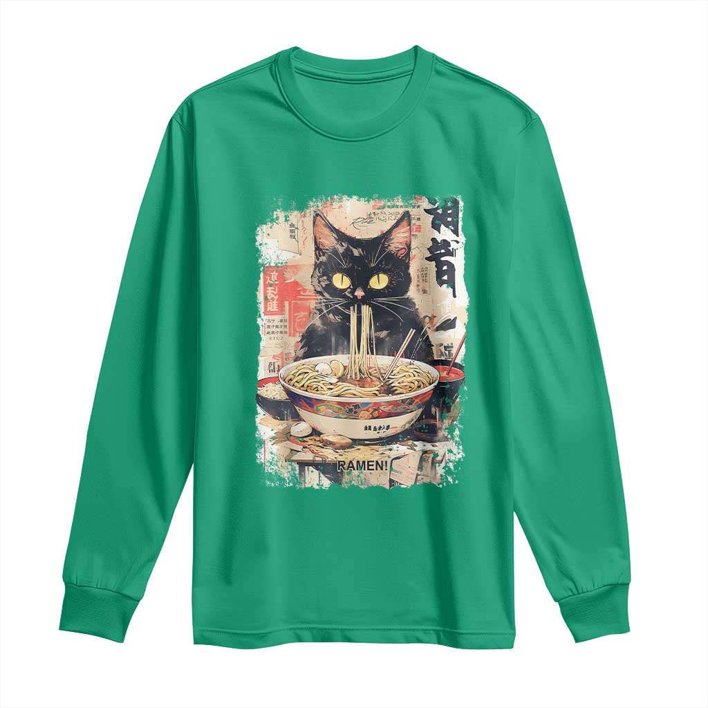 Ramen Noodles Black Cat Graphic Long Sleeve Shirt Kawaii Retro Japan Y2K Cats Manga Anime - Wonder Print Shop