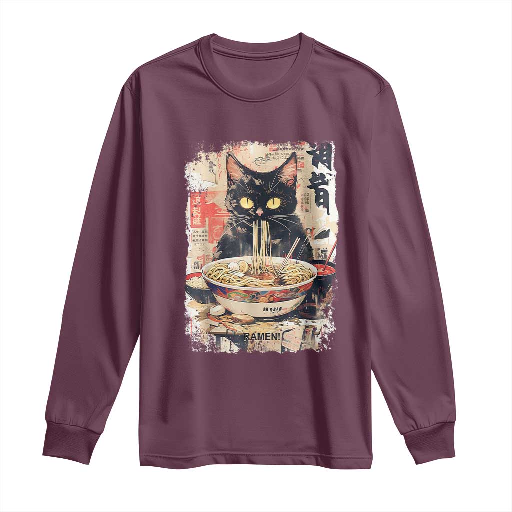 Ramen Noodles Black Cat Graphic Long Sleeve Shirt Kawaii Retro Japan Y2K Cats Manga Anime - Wonder Print Shop