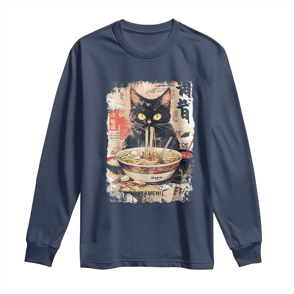 Ramen Noodles Black Cat Graphic Long Sleeve Shirt Kawaii Retro Japan Y2K Cats Manga Anime - Wonder Print Shop