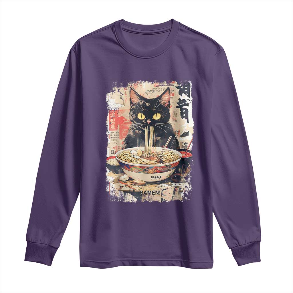 Ramen Noodles Black Cat Graphic Long Sleeve Shirt Kawaii Retro Japan Y2K Cats Manga Anime - Wonder Print Shop