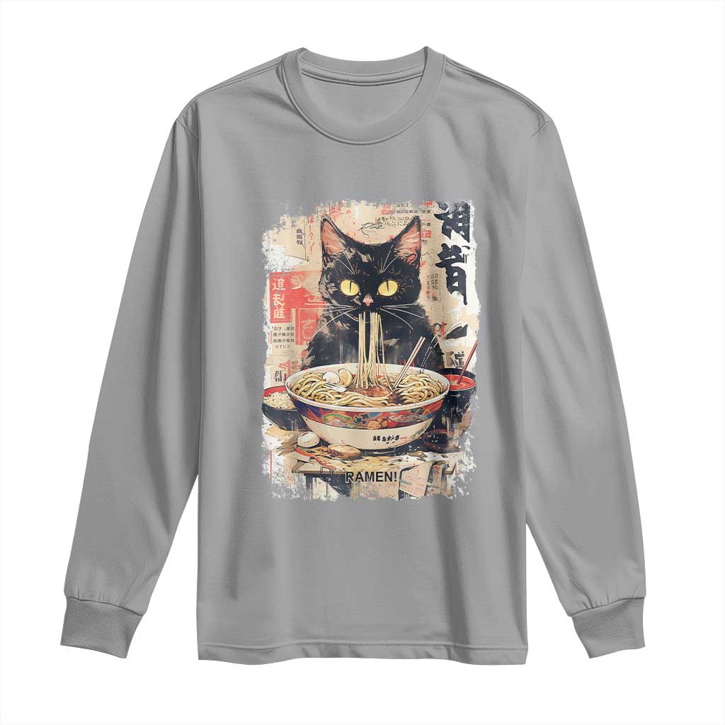 Ramen Noodles Black Cat Graphic Long Sleeve Shirt Kawaii Retro Japan Y2K Cats Manga Anime - Wonder Print Shop