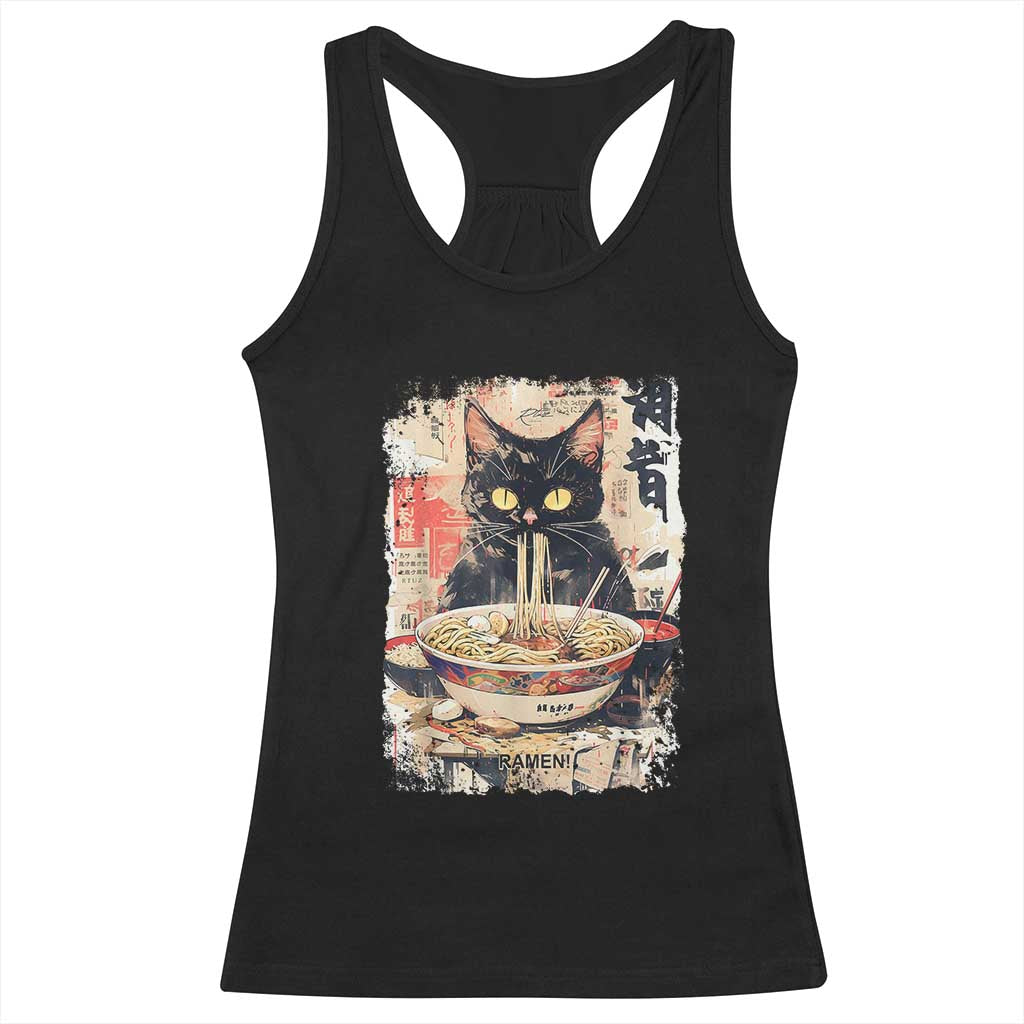 Ramen Noodles Black Cat Graphic Racerback Tank Top Kawaii Retro Japan Y2K Cats Manga Anime - Wonder Print Shop