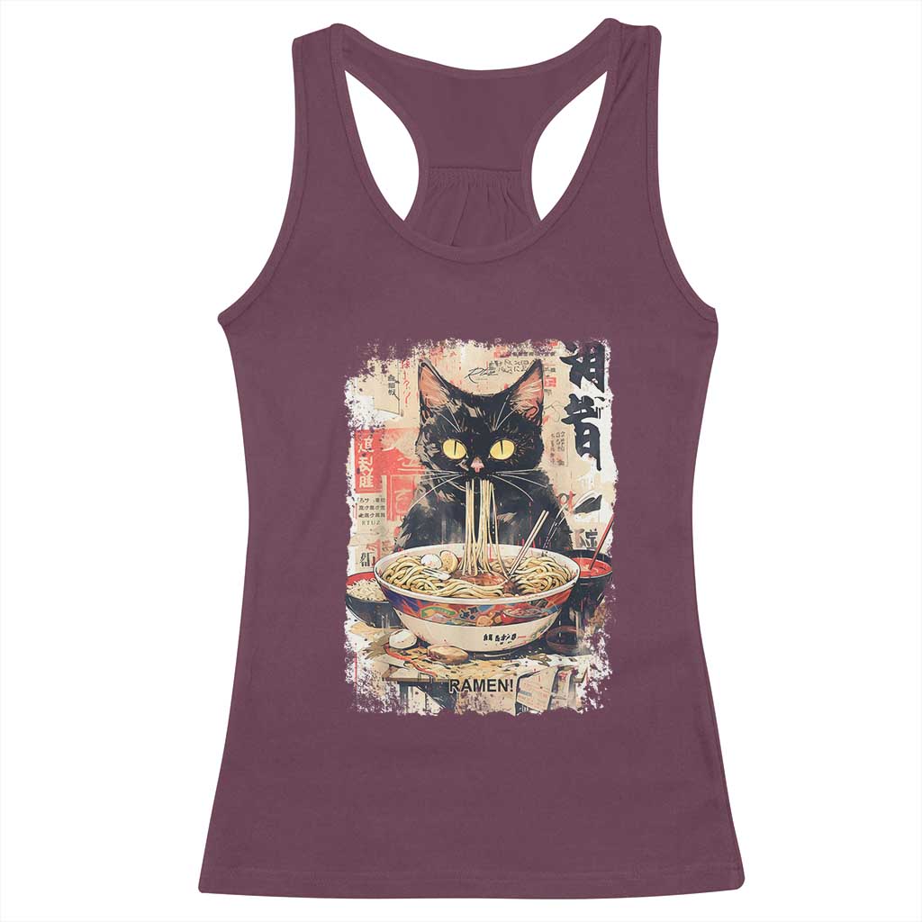 Ramen Noodles Black Cat Graphic Racerback Tank Top Kawaii Retro Japan Y2K Cats Manga Anime - Wonder Print Shop