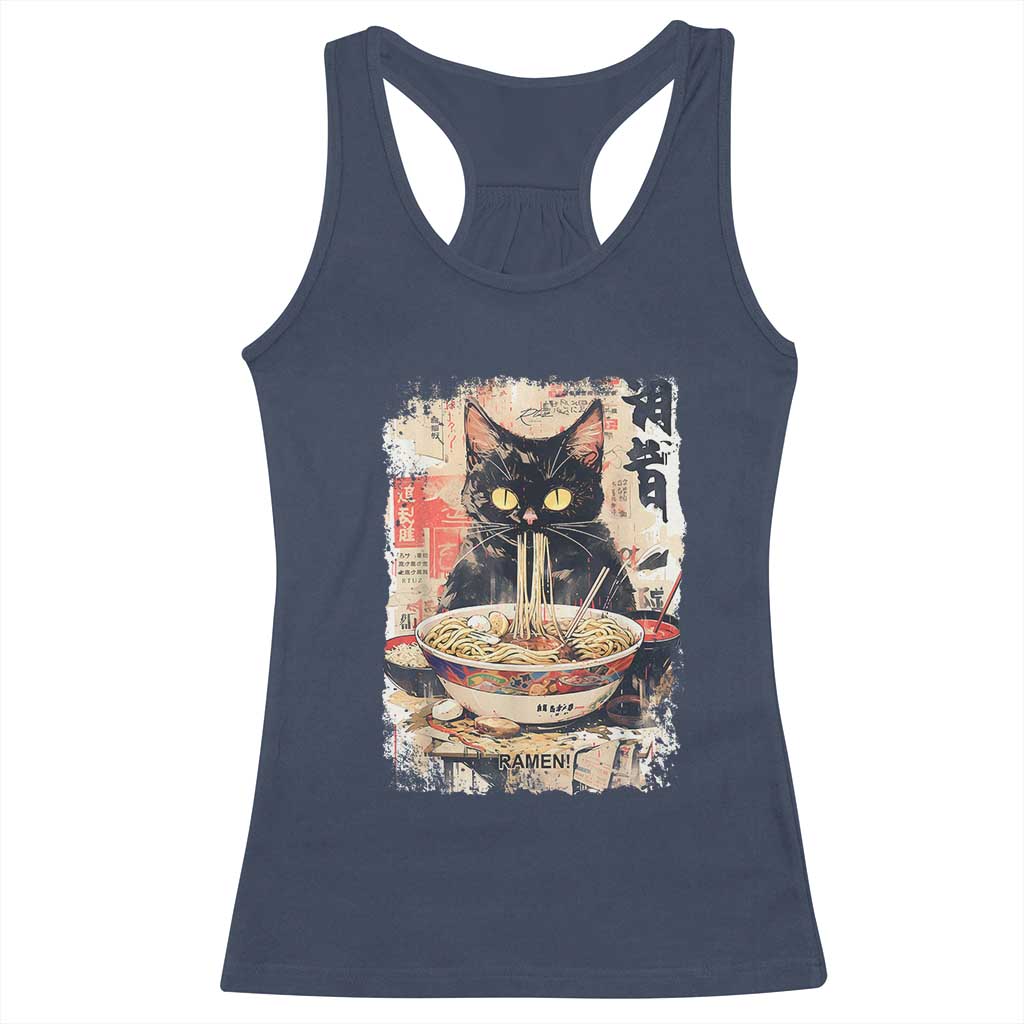 Ramen Noodles Black Cat Graphic Racerback Tank Top Kawaii Retro Japan Y2K Cats Manga Anime - Wonder Print Shop