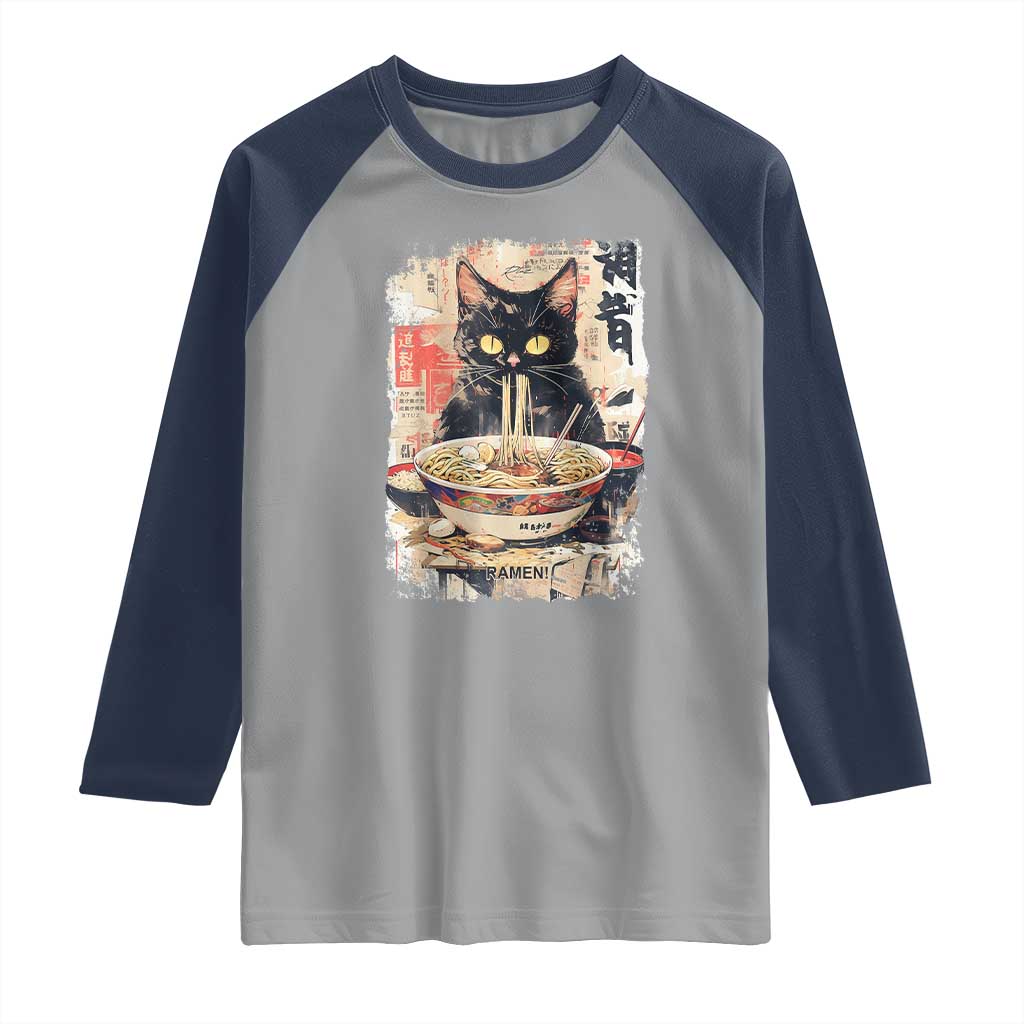 Ramen Noodles Black Cat Graphic Raglan Shirt Kawaii Retro Japan Y2K Cats Manga Anime - Wonder Print Shop