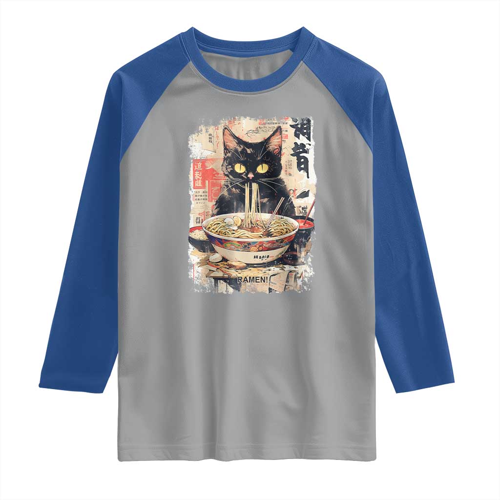 Ramen Noodles Black Cat Graphic Raglan Shirt Kawaii Retro Japan Y2K Cats Manga Anime - Wonder Print Shop