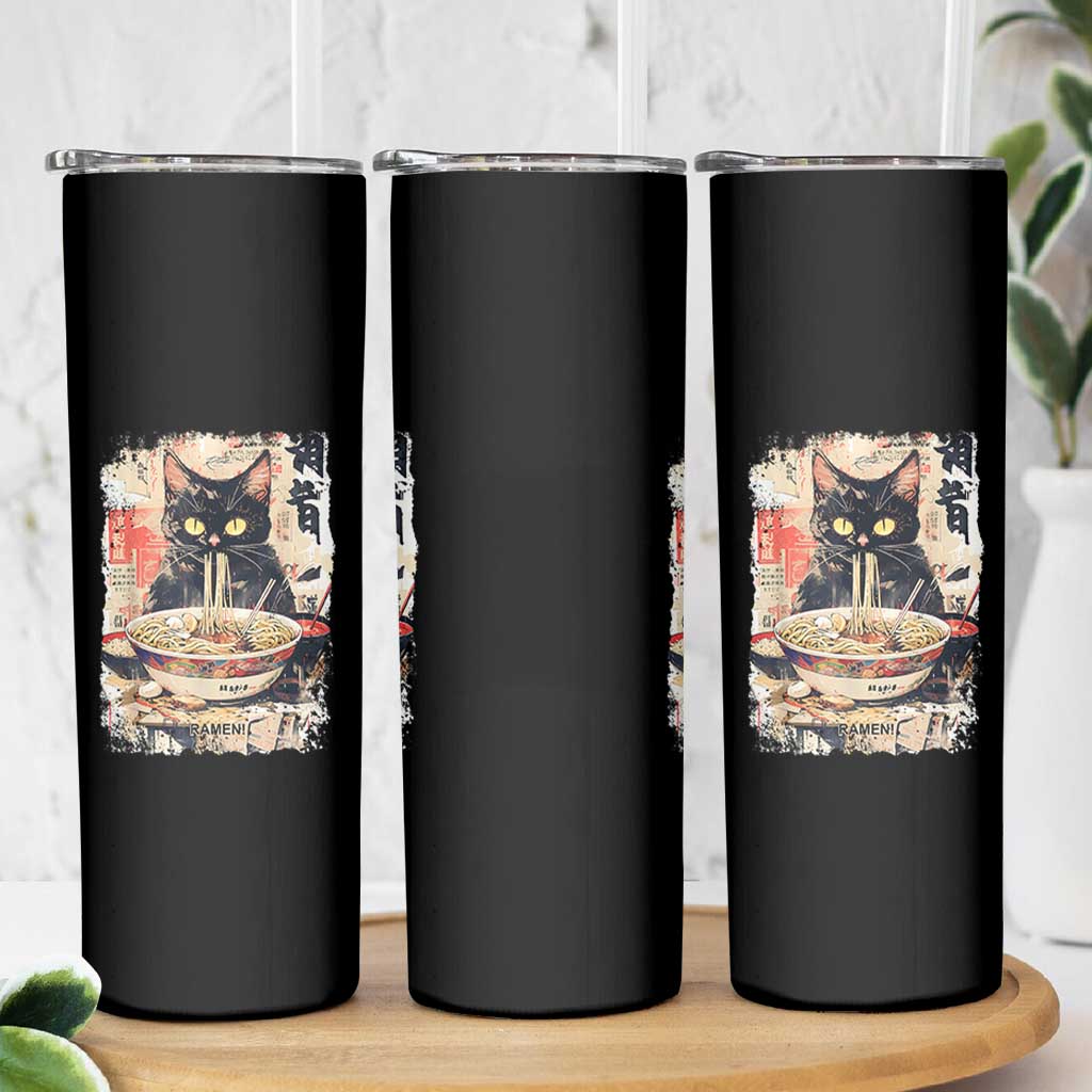Ramen Noodles Black Cat Graphic Skinny Tumbler Kawaii Retro Japan Y2K Cats Manga Anime - Wonder Print Shop