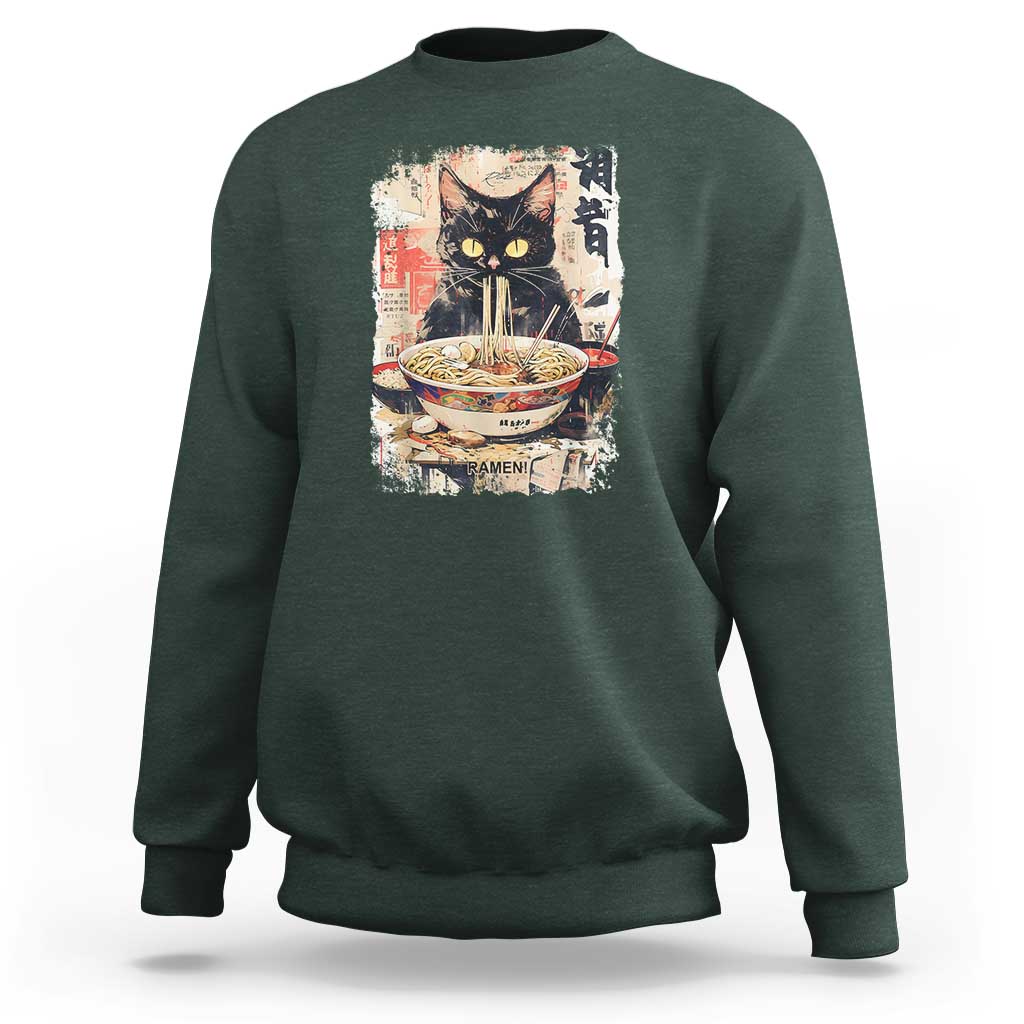 Ramen Noodles Black Cat Graphic Sweatshirt Kawaii Retro Japan Y2K Cats Manga Anime - Wonder Print Shop