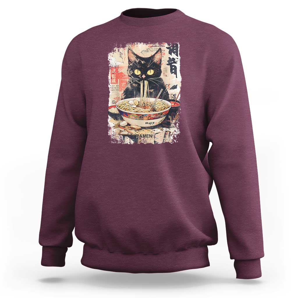 Ramen Noodles Black Cat Graphic Sweatshirt Kawaii Retro Japan Y2K Cats Manga Anime - Wonder Print Shop