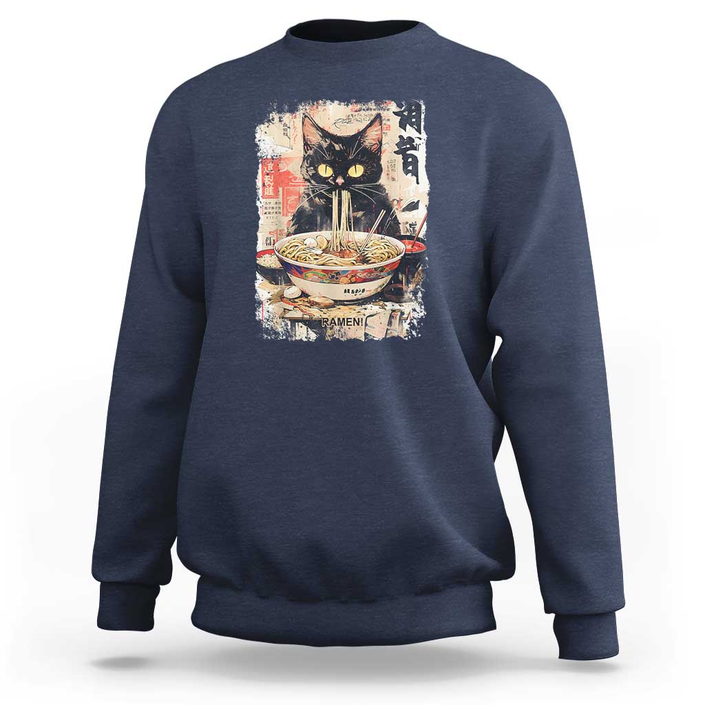 Ramen Noodles Black Cat Graphic Sweatshirt Kawaii Retro Japan Y2K Cats Manga Anime - Wonder Print Shop