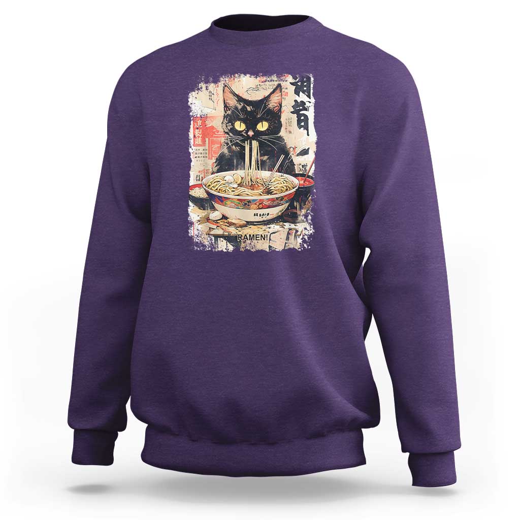 Ramen Noodles Black Cat Graphic Sweatshirt Kawaii Retro Japan Y2K Cats Manga Anime - Wonder Print Shop