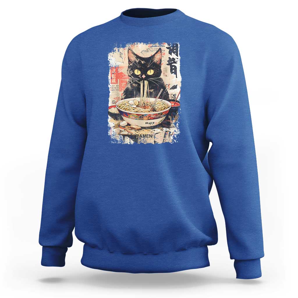 Ramen Noodles Black Cat Graphic Sweatshirt Kawaii Retro Japan Y2K Cats Manga Anime - Wonder Print Shop