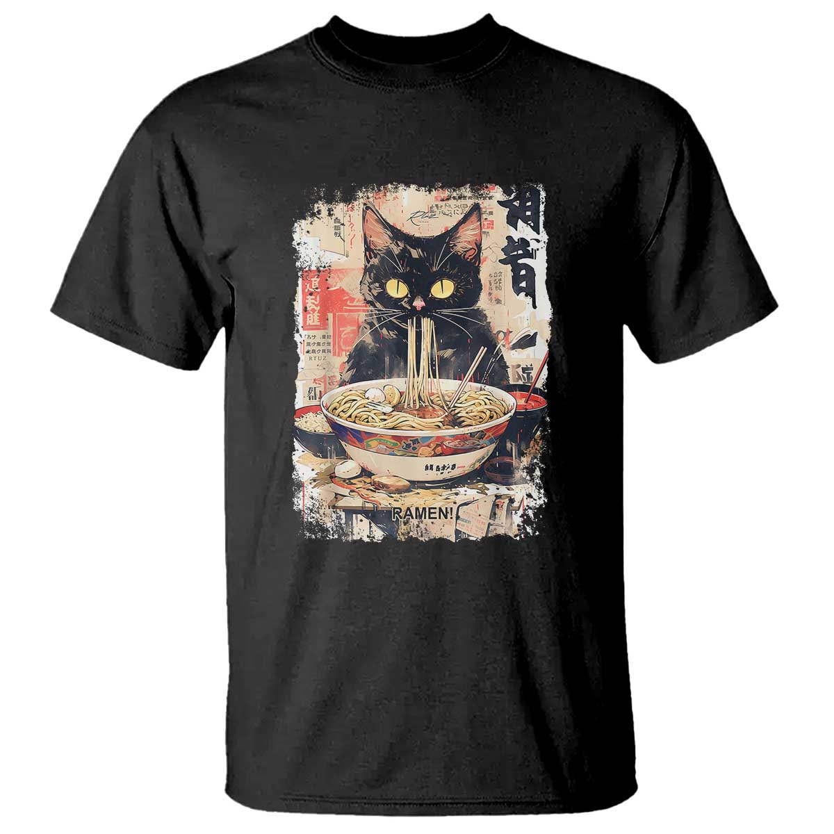 Ramen Noodles Black Cat Graphic T Shirt Kawaii Retro Japan Y2K Cats Manga Anime - Wonder Print Shop