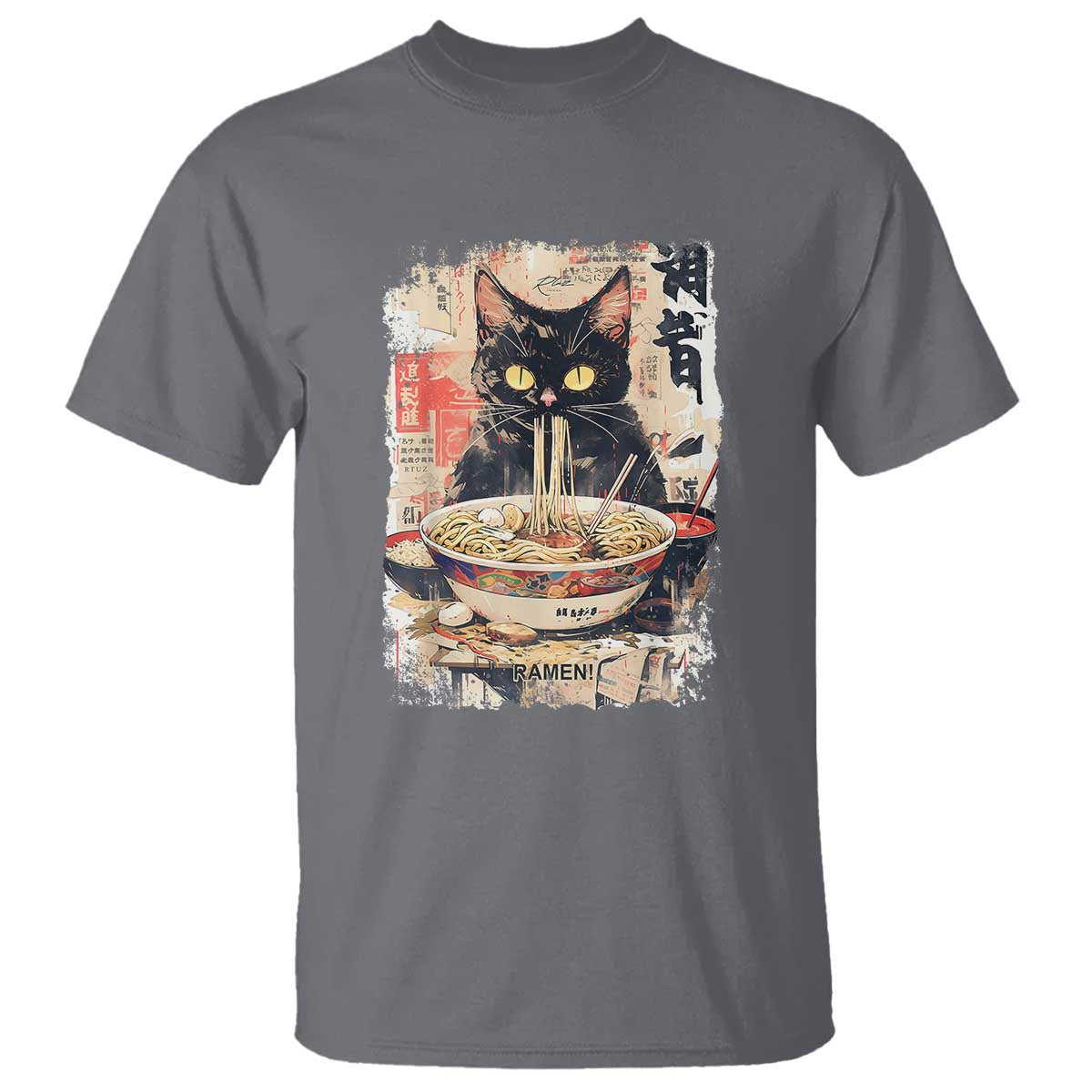 Ramen Noodles Black Cat Graphic T Shirt Kawaii Retro Japan Y2K Cats Manga Anime - Wonder Print Shop