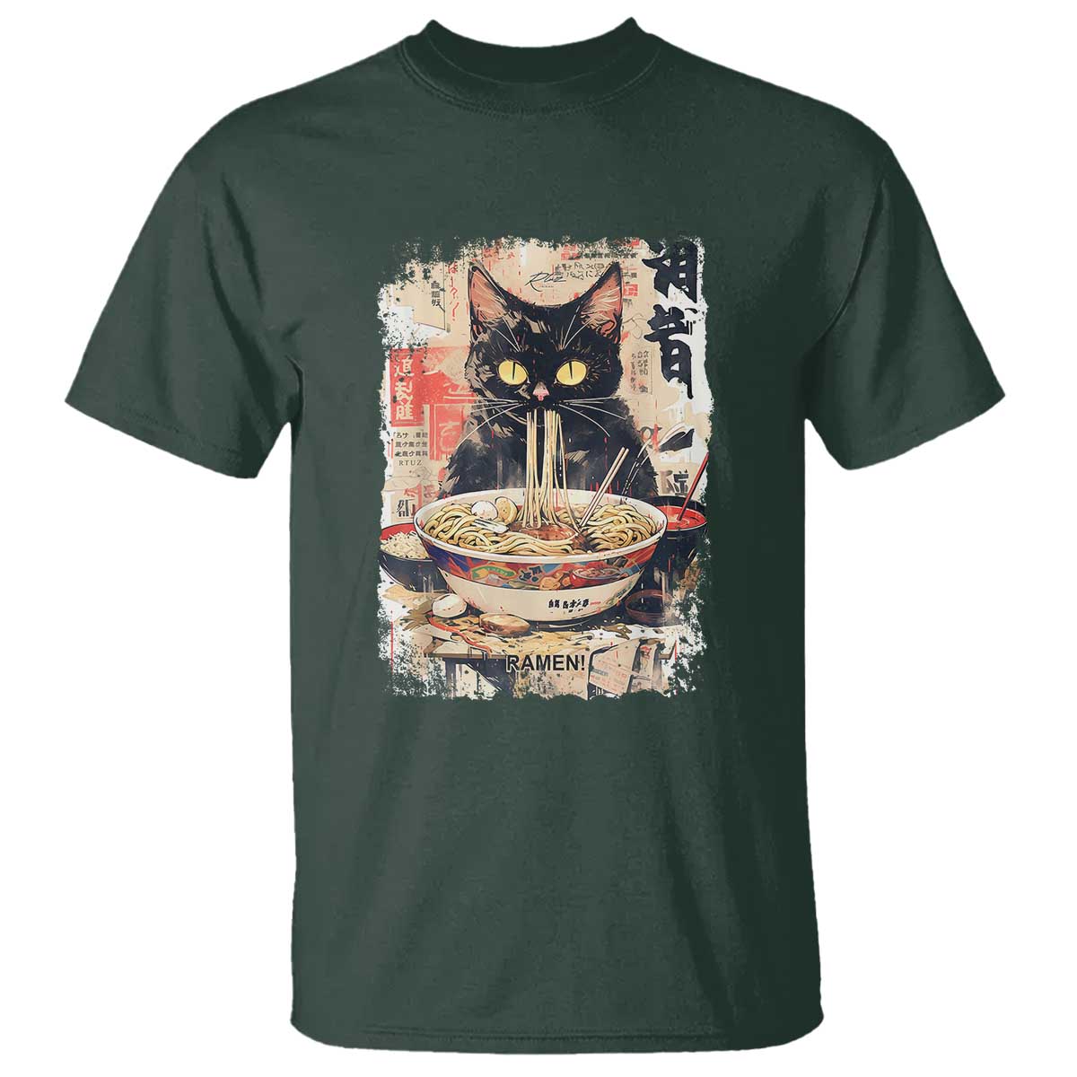 Ramen Noodles Black Cat Graphic T Shirt Kawaii Retro Japan Y2K Cats Manga Anime - Wonder Print Shop