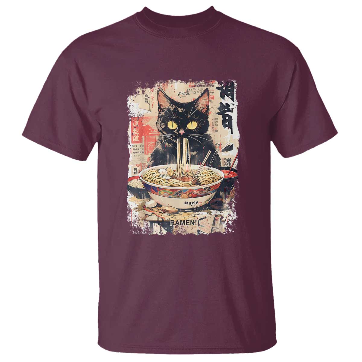 Ramen Noodles Black Cat Graphic T Shirt Kawaii Retro Japan Y2K Cats Manga Anime - Wonder Print Shop