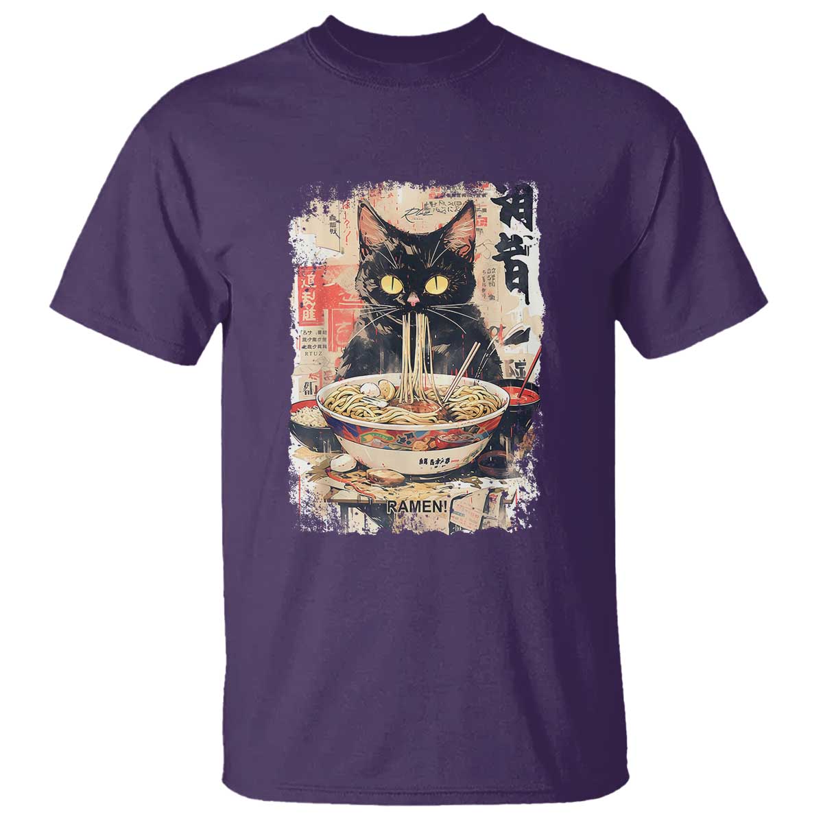 Ramen Noodles Black Cat Graphic T Shirt Kawaii Retro Japan Y2K Cats Manga Anime - Wonder Print Shop