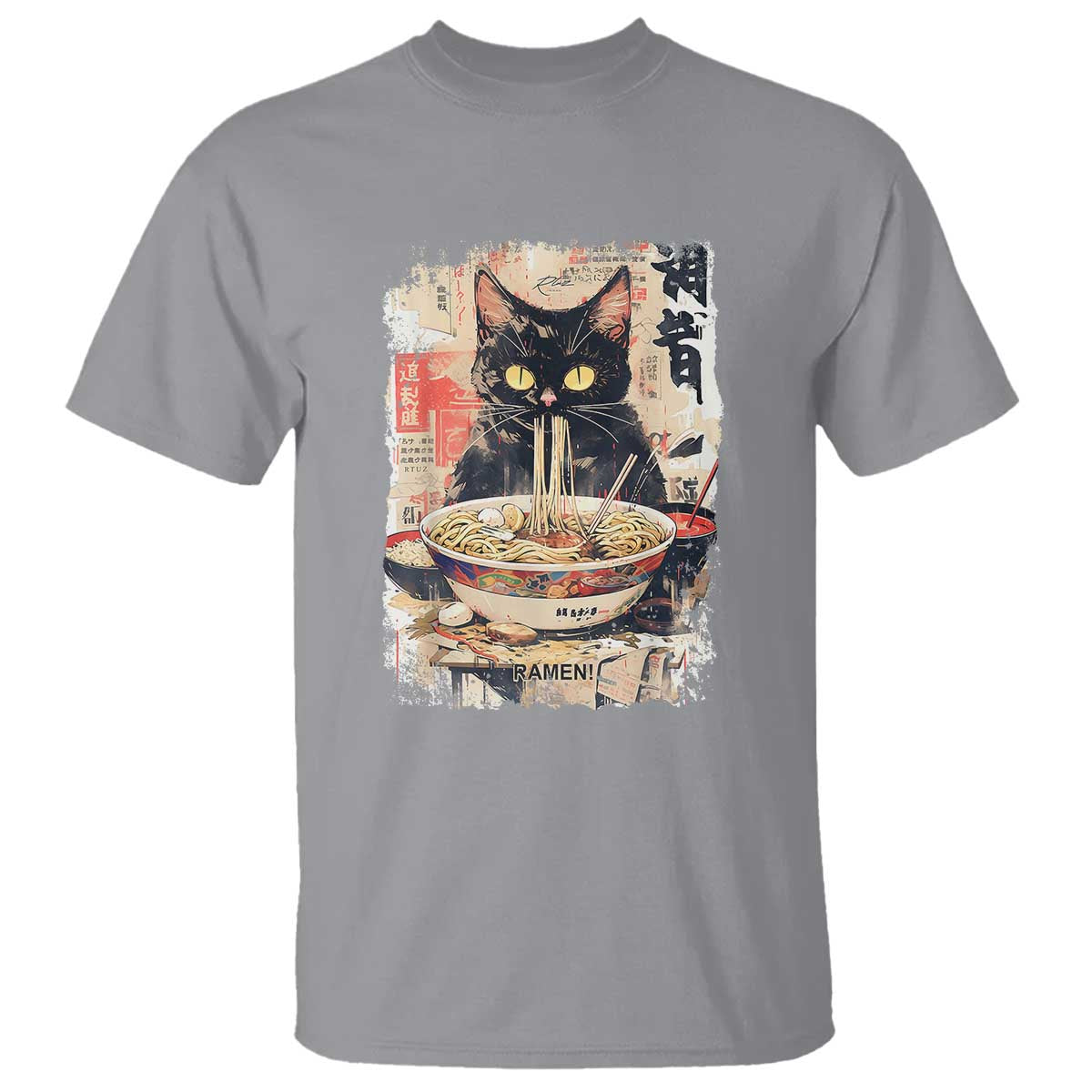 Ramen Noodles Black Cat Graphic T Shirt Kawaii Retro Japan Y2K Cats Manga Anime - Wonder Print Shop