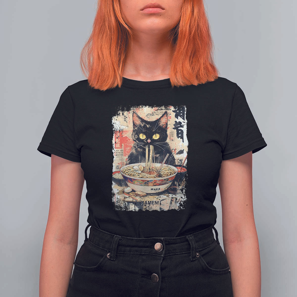 Ramen Noodles Black Cat Graphic T Shirt For Women Kawaii Retro Japan Y2K Cats Manga Anime - Wonder Print Shop