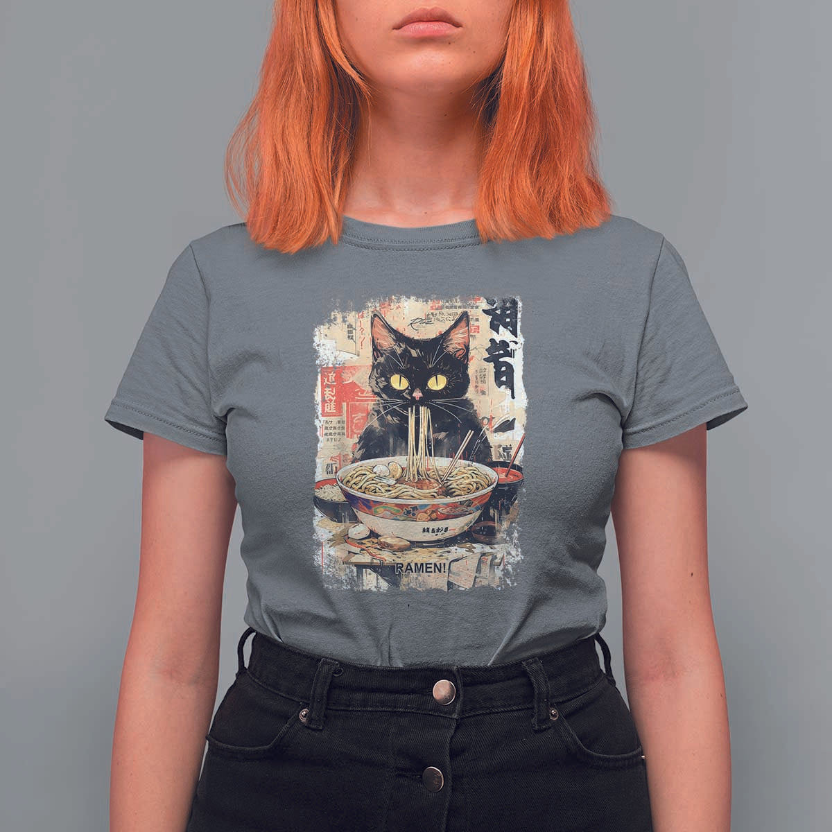 Ramen Noodles Black Cat Graphic T Shirt For Women Kawaii Retro Japan Y2K Cats Manga Anime - Wonder Print Shop