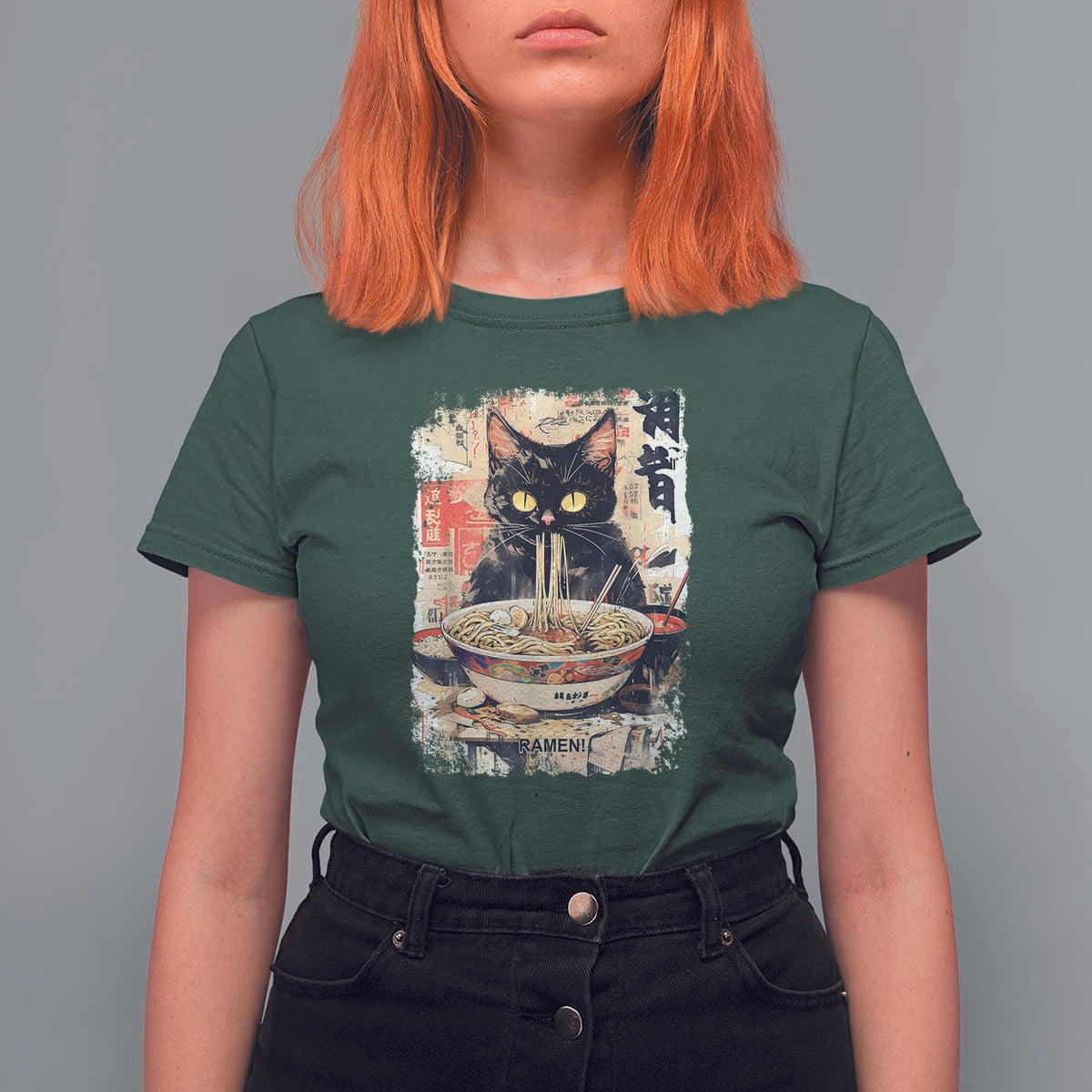 Ramen Noodles Black Cat Graphic T Shirt For Women Kawaii Retro Japan Y2K Cats Manga Anime - Wonder Print Shop