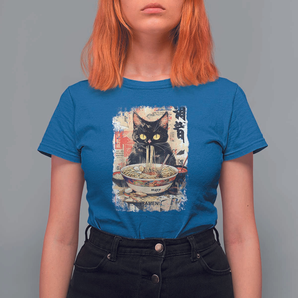 Ramen Noodles Black Cat Graphic T Shirt For Women Kawaii Retro Japan Y2K Cats Manga Anime - Wonder Print Shop