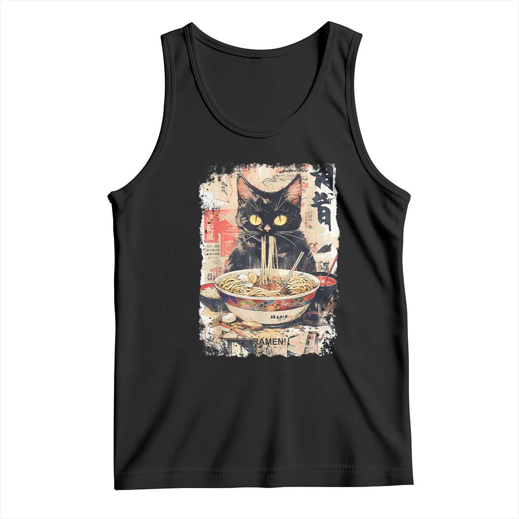 Ramen Noodles Black Cat Graphic Tank Top Kawaii Retro Japan Y2K Cats Manga Anime - Wonder Print Shop
