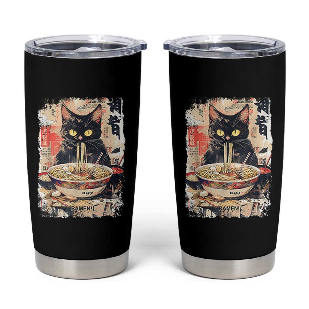 Ramen Noodles Black Cat Graphic Tumbler Cup Kawaii Retro Japan Y2K Cats Manga Anime - Wonder Print Shop