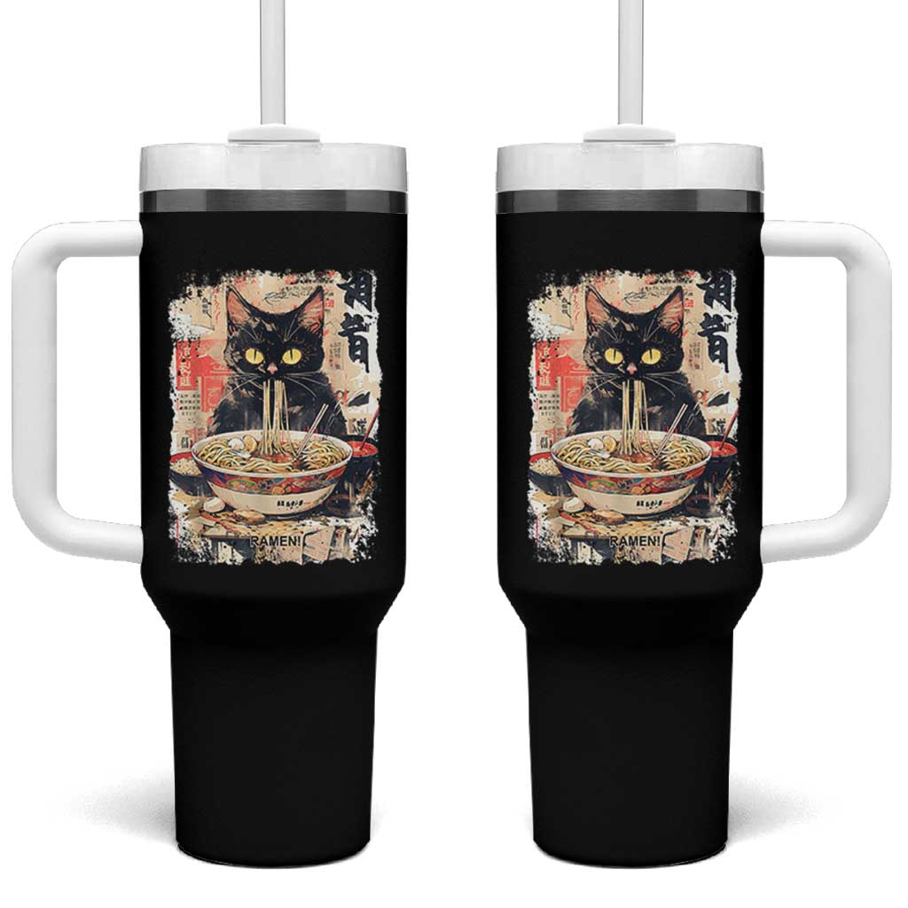 Ramen Noodles Black Cat Graphic Tumbler With Handle Kawaii Retro Japan Y2K Cats Manga Anime - Wonder Print Shop