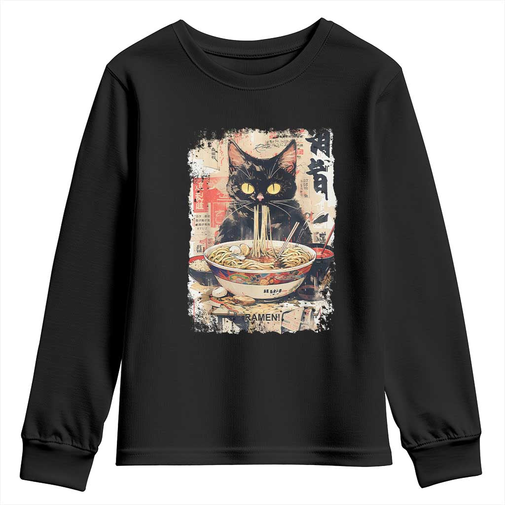 Ramen Noodles Black Cat Graphic Youth Sweatshirt Kawaii Retro Japan Y2K Cats Manga Anime - Wonder Print Shop