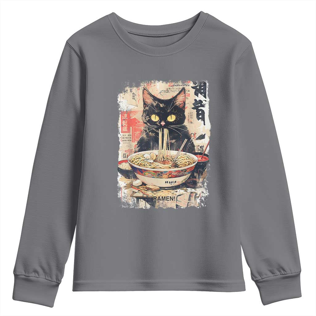 Ramen Noodles Black Cat Graphic Youth Sweatshirt Kawaii Retro Japan Y2K Cats Manga Anime - Wonder Print Shop