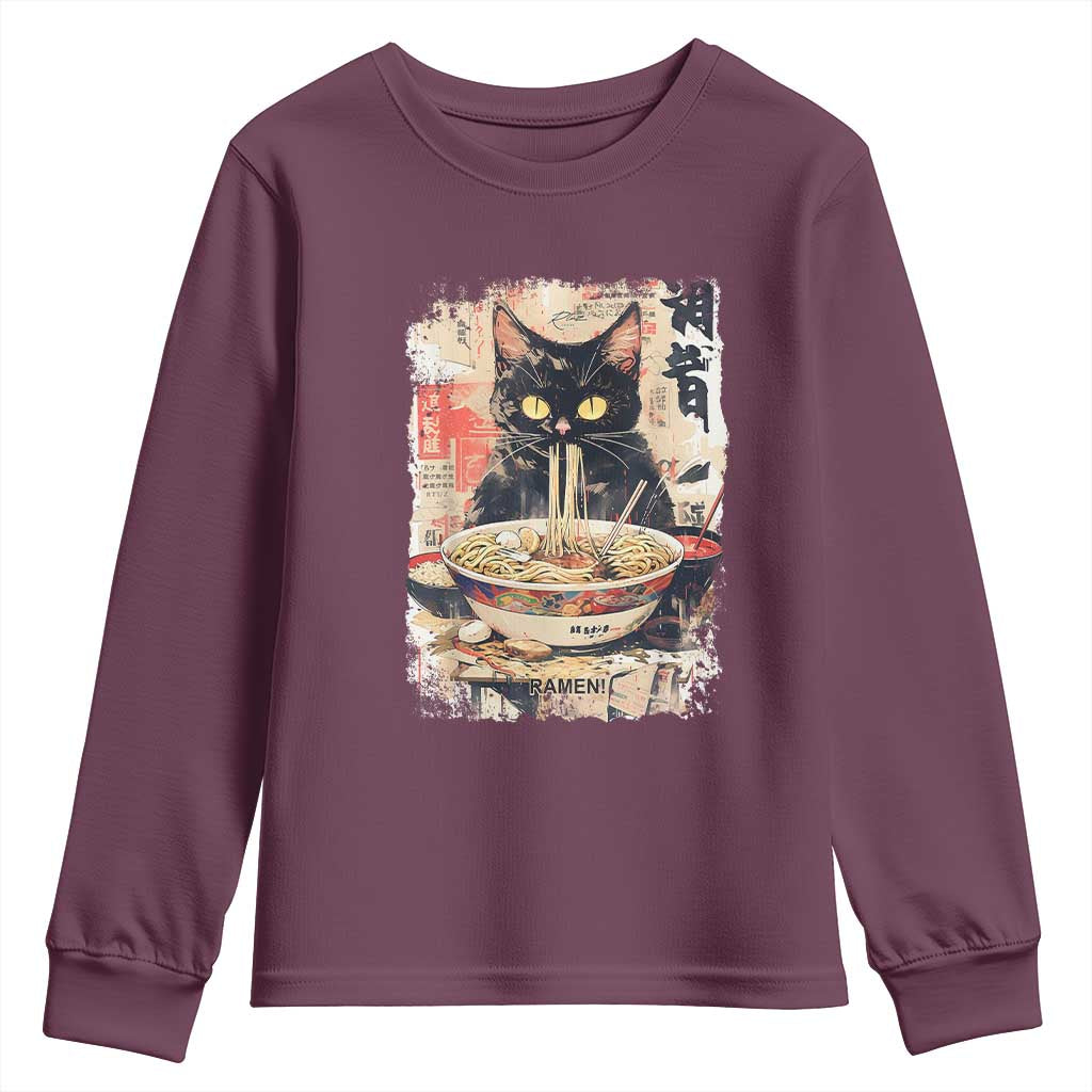 Ramen Noodles Black Cat Graphic Youth Sweatshirt Kawaii Retro Japan Y2K Cats Manga Anime - Wonder Print Shop