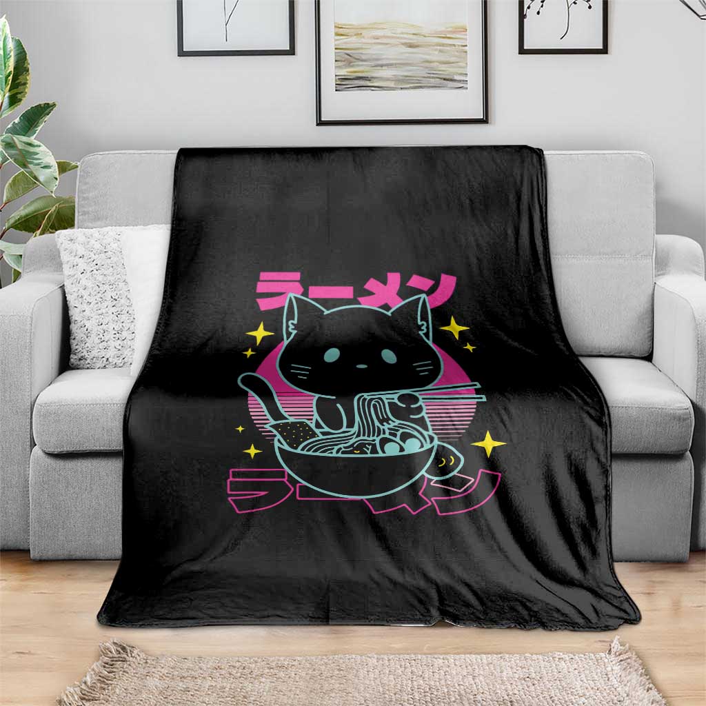 Kawaii Ramen Cat Throw Blanket Retro Japanese Noodles Lover Anime Aesthetic - Wonder Print Shop