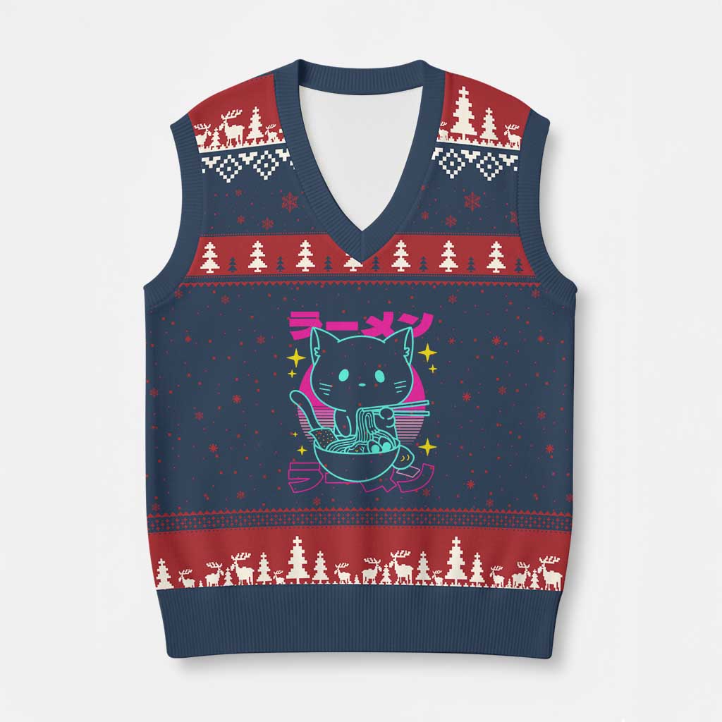 Kawaii Ramen Cat V-Neck Knit Sweater Vest Retro Japanese Noodles Lover Anime Aesthetic - Wonder Print Shop