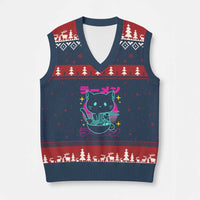 Kawaii Ramen Cat V-Neck Knit Sweater Vest Retro Japanese Noodles Lover Anime Aesthetic - Wonder Print Shop