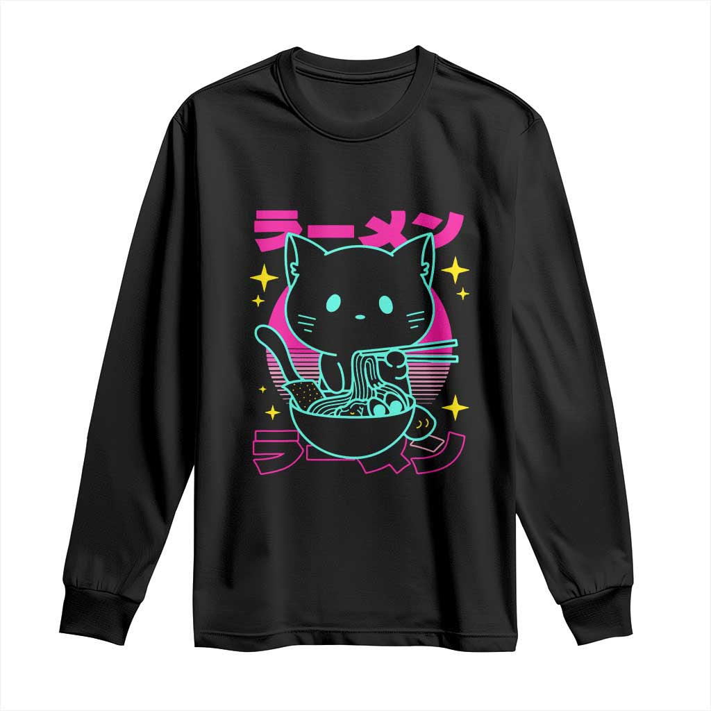 Kawaii Ramen Cat Long Sleeve Shirt Retro Japanese Noodles Lover Anime Aesthetic - Wonder Print Shop