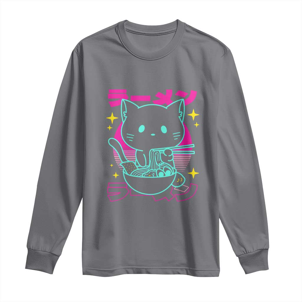 Kawaii Ramen Cat Long Sleeve Shirt Retro Japanese Noodles Lover Anime Aesthetic - Wonder Print Shop