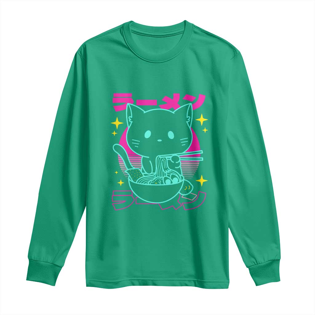 Kawaii Ramen Cat Long Sleeve Shirt Retro Japanese Noodles Lover Anime Aesthetic - Wonder Print Shop