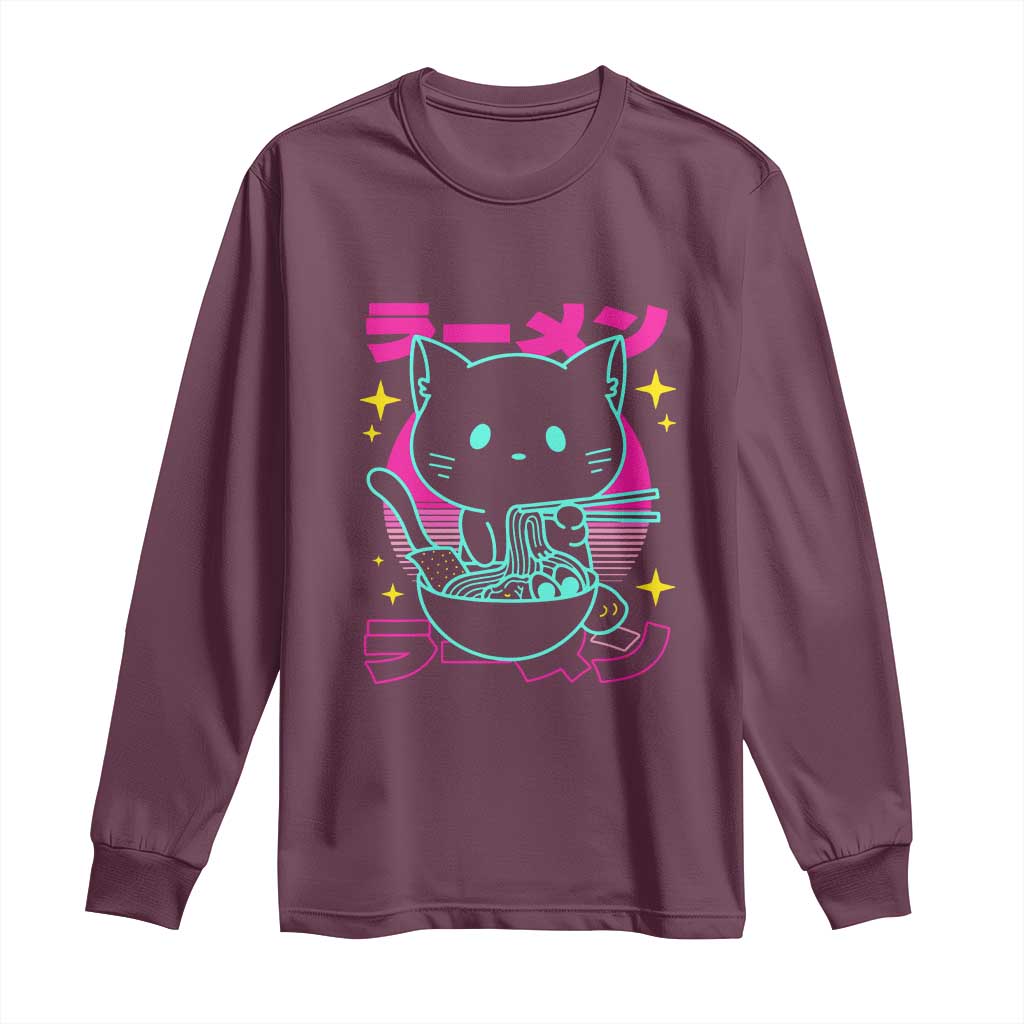 Kawaii Ramen Cat Long Sleeve Shirt Retro Japanese Noodles Lover Anime Aesthetic - Wonder Print Shop