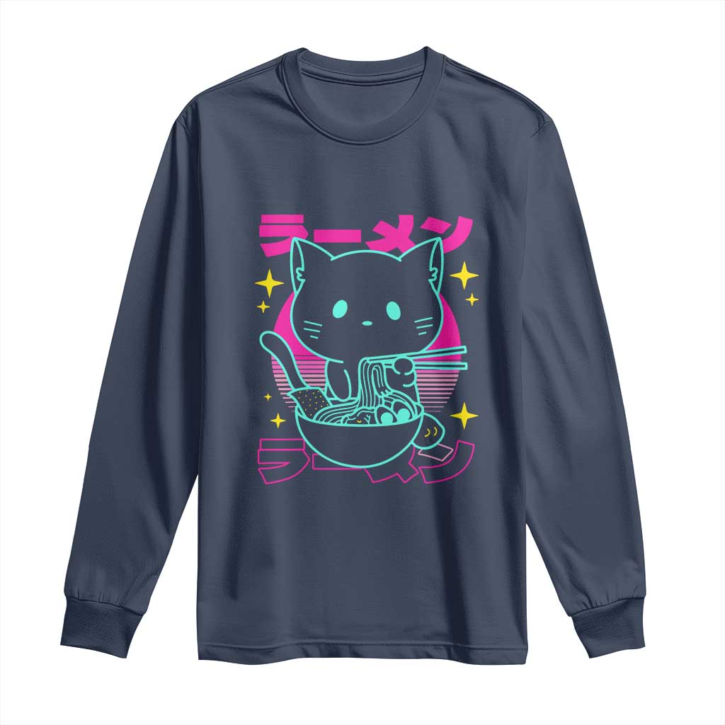 Kawaii Ramen Cat Long Sleeve Shirt Retro Japanese Noodles Lover Anime Aesthetic - Wonder Print Shop